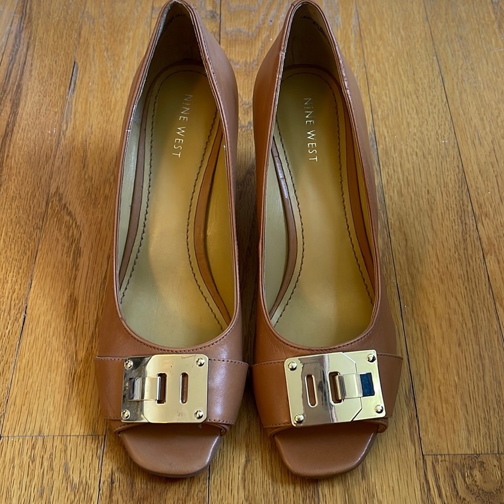 NINE WEST Leather Wedge Open Toe Heels
